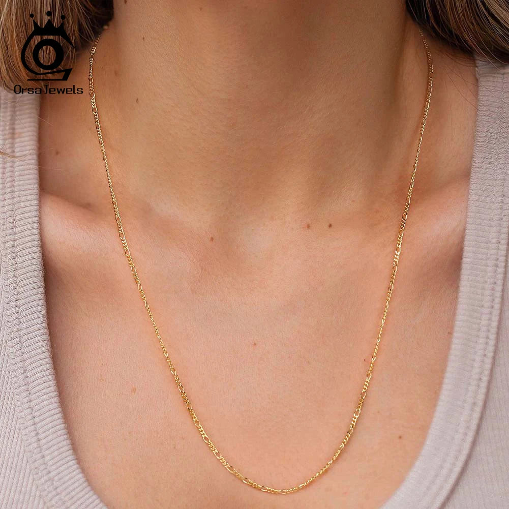 925 Sterling Silver Figaro Chain Necklace - 14K Gold Plated Diamond-Cut Link Chain