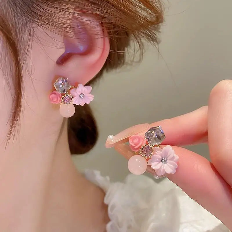 Crystal Pearl Flower Earrings - 925 Silver Needle Stud Earrings for Women