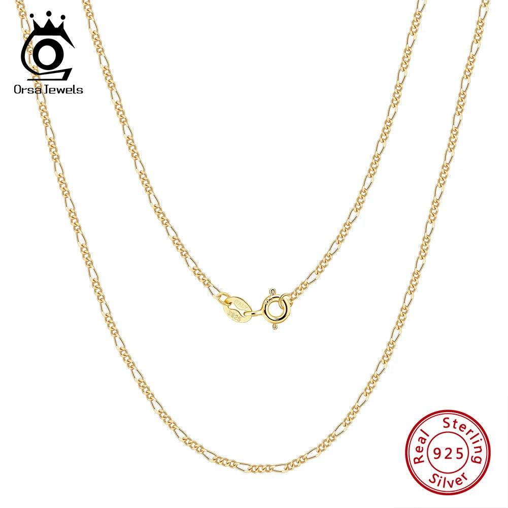 925 Sterling Silver Figaro Chain Necklace - 14K Gold Plated Diamond-Cut Link Chain