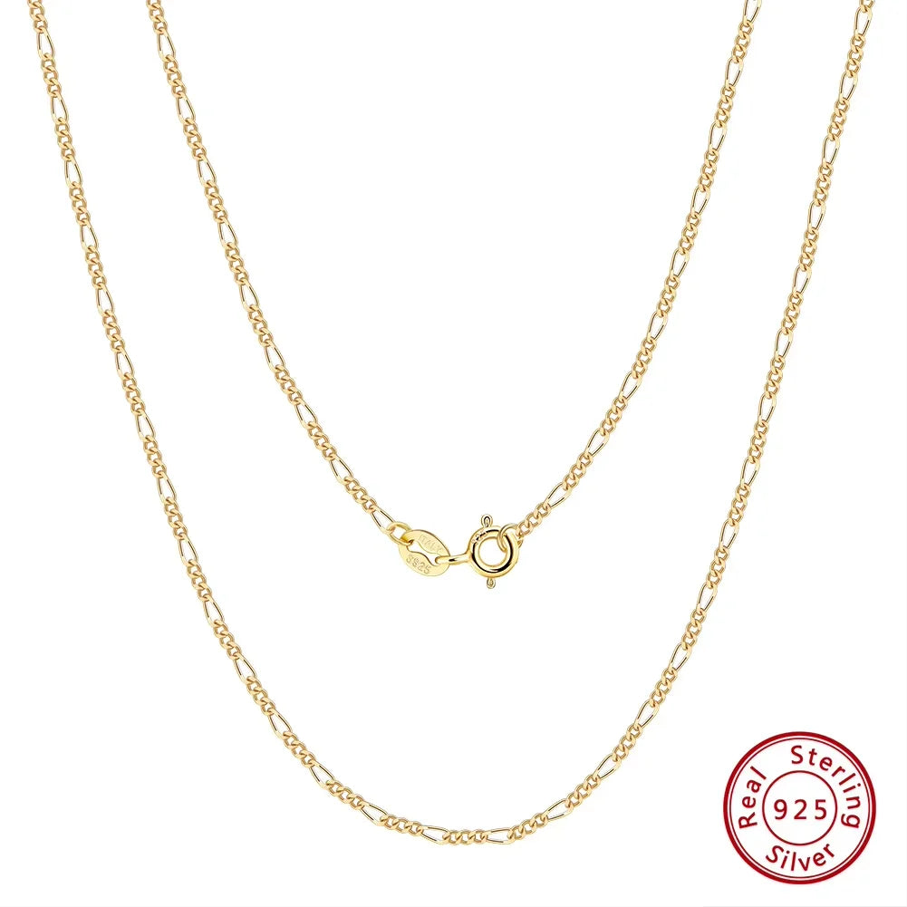 925 Sterling Silver Figaro Chain Necklace - 14K Gold Plated Diamond-Cut Link Chain