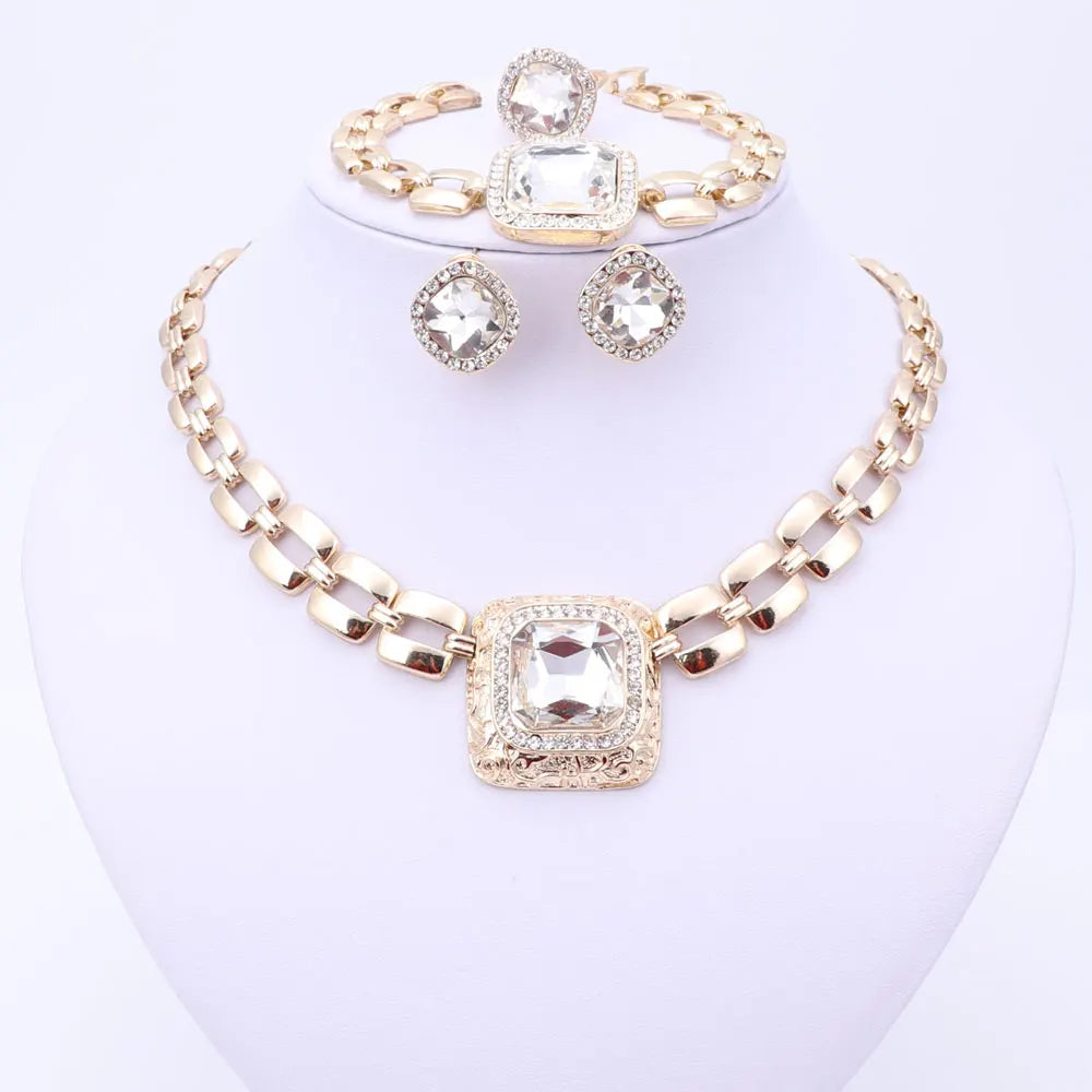 African Crystal Bridal Jewelry Set - Gold Wedding Necklace Earrings Bracelet Ring