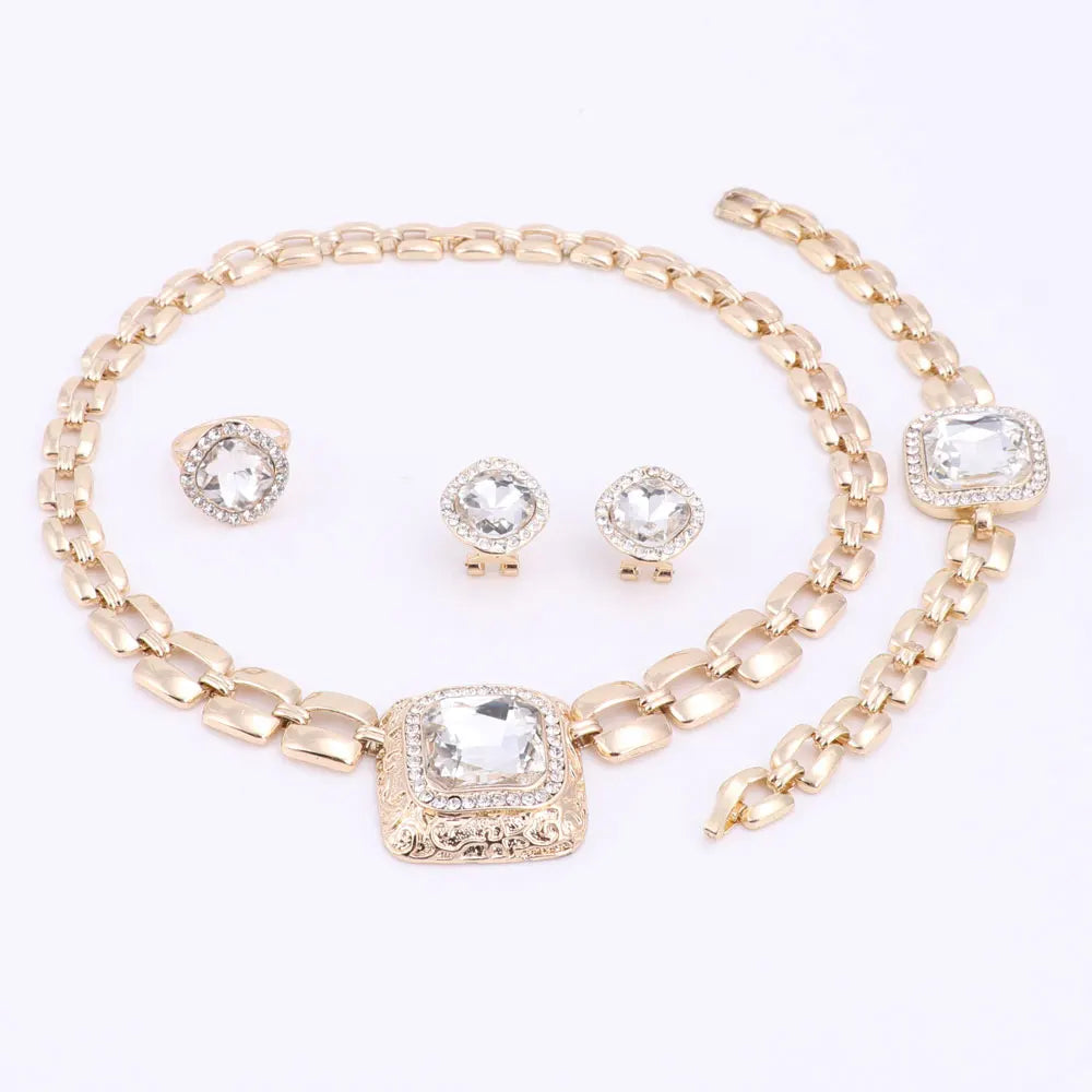 African Crystal Bridal Jewelry Set - Gold Wedding Necklace Earrings Bracelet Ring