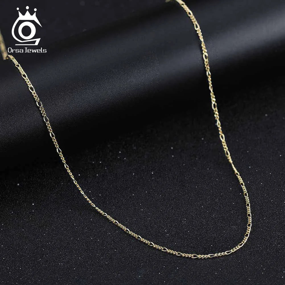 925 Sterling Silver Figaro Chain Necklace - 14K Gold Plated Diamond-Cut Link Chain