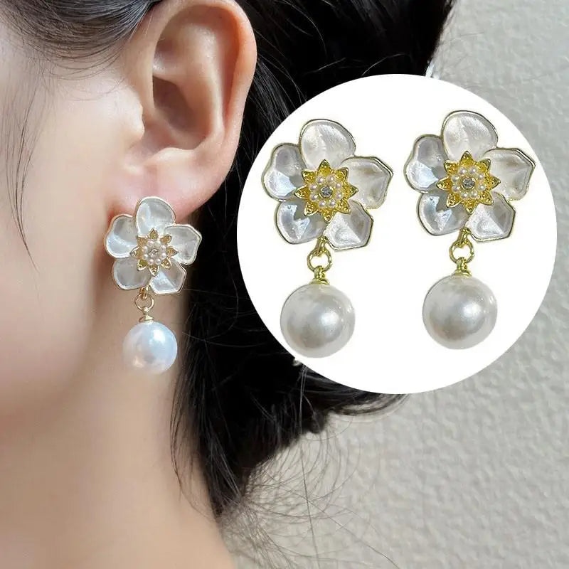 Crystal Pearl Flower Earrings - 925 Silver Needle Stud Earrings for Women