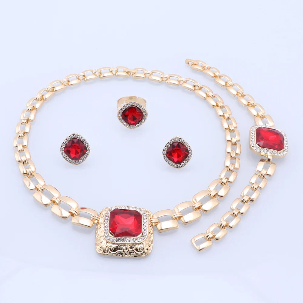 African Crystal Bridal Jewelry Set - Gold Wedding Necklace Earrings Bracelet Ring