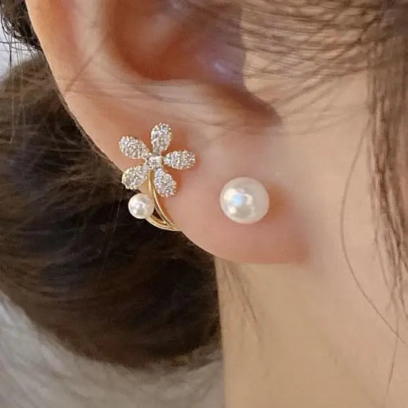 Crystal Pearl Flower Earrings - 925 Silver Needle Stud Earrings for Women