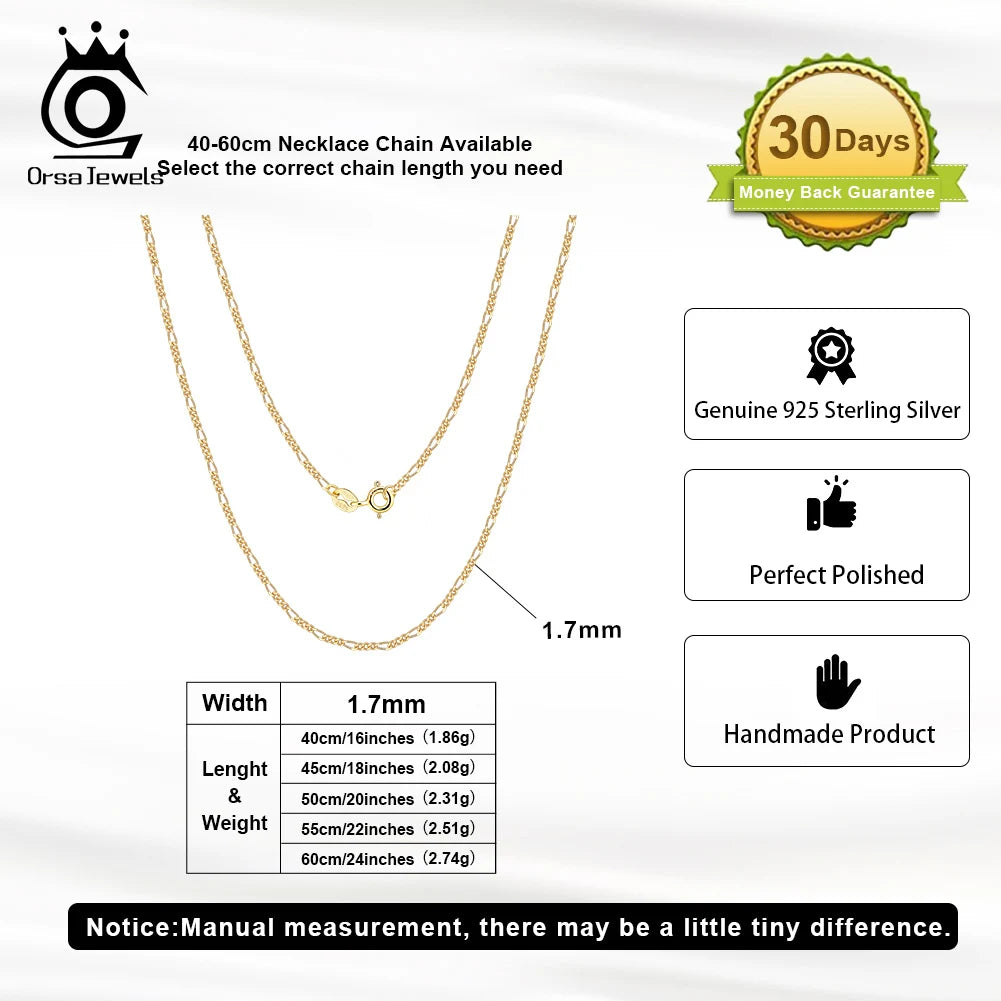925 Sterling Silver Figaro Chain Necklace - 14K Gold Plated Diamond-Cut Link Chain
