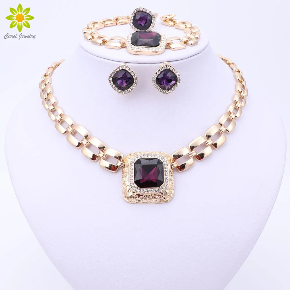 African Crystal Bridal Jewelry Set - Gold Wedding Necklace Earrings Bracelet Ring